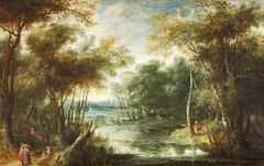 River Landscape with a Stag Hunt by Lucas van Uden