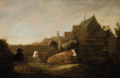 River landscape with Herder and Cows and a View of Utrecht with 'Duitse Huis kerk' and the Mariakerk by Aelbert Cuyp