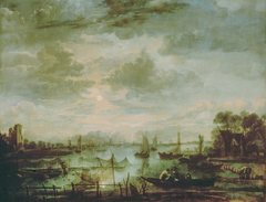 River landscape with ships by moonlight by Aert van der Neer