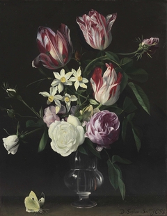 Roses, tulips, and narcissi in a glass vase, with a butterfly, on a ledge by Daniel Seghers