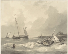 Schepen aan de kust by Johannes Christiaan Schotel