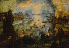 Seascape with ships and a burning city by Pieter Brueghel the Elder