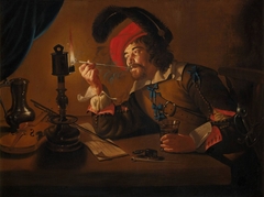 Soldier lighting his pipe from an oil lamp by Anonymous