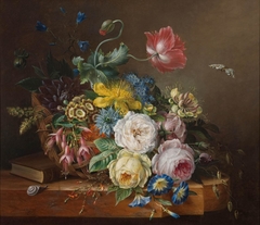 Still Life of Flowers in a Wicker Basket by Elisabeth Johanna Koning