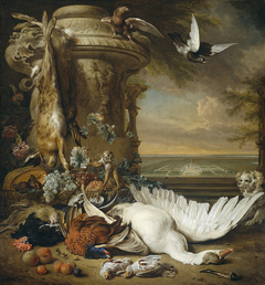 Still Life with Dead Game and Fruit beside a Garden Vase, with a Monkey, a Dog and Two Pigeons; in the Background Rijksdorp near Wassenaar, the Estate of Jonkheer Jacob Emmery, Baron of Wassenaar by Jan Weenix