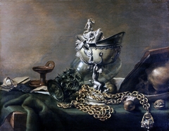 Still life with nautilus cup and musk apple on golden chain by Pieter Claesz