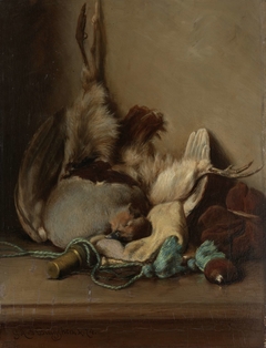 Still life with Wood Pigeon and Powder Horn by Guillaume Anne van der Brugghen