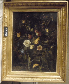 Stilleven met rozen, distels en andere planten, omgeven door vlinders en een slang by Otto Marseus van Schrieck