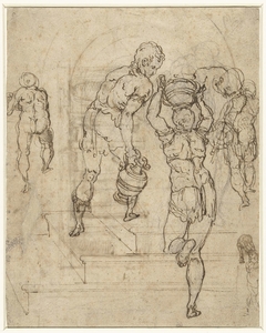 Studieblad met waterdragende figuren die een trap opklimmen by Unknown Artist