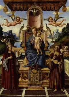 The Virgin and Child enthroned with Saints Cosmas and Damian with St Eustace and Saint George in the background by Gian-Francesco de Maineri