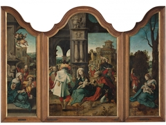 Triptych with the Adoration of the Magi, the Adoration of the Shephards and the Rest on the Flight to Egypt by Master of the Lille Adoration