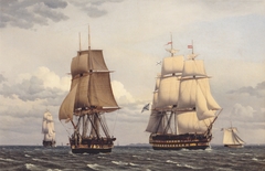 Two Russian Ships of Line in the Øresund. A frigate heaving to. by Christoffer Wilhelm Eckersberg