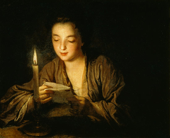 Jeune Fille lisant une lettre à la bougie de Jean-Baptiste Santerre by Jean-Baptiste Santerre