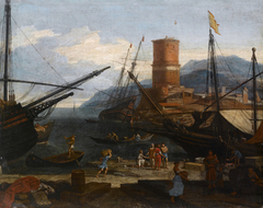 View of a southern port by Adriaen van der Cabel