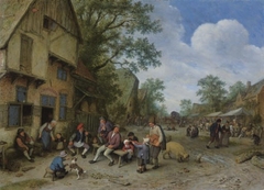 Village scene with a hurdy-gurdy player by Adriaen van Ostade