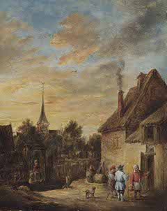 Village Scene with Three Men Talking in Front of a House by Unknown Artist