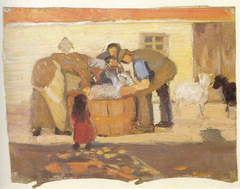 Washing the sheep in front of a house by Anna Ancher