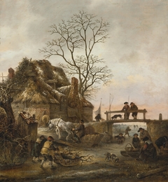 Winter landscape with a cottage near a bridge by Isaac van Ostade