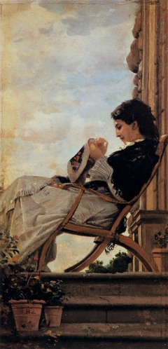 Woman Sewing on the Terrace by Cristiano Banti