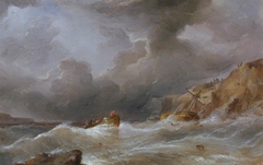 Wreck of a ship off a rocky coast by Samuel Walters