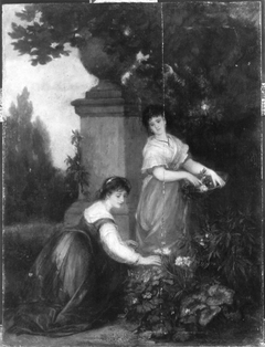 Zwei Mädchen mit Blumen by Ludwig von Hagn