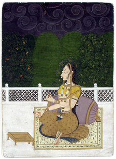 A beautiful woman seated against a bolster by Anonymous