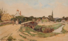 A Chance Meeting, Tilford with Figures on a Bridge by Wilfred Williams Ball