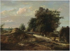 A dune landscape with a shepherd and his sheep on a path and travellers with a dog resting near a farm by Gerrit van Hees