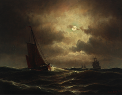 A Dutch fishing boat in the North Sea in Moonlight by Carl Bille