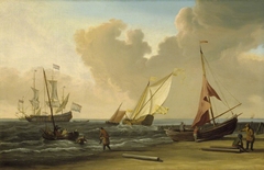 A fishing pink hauled up on the beach in a fresh breeze on the Dutch coast by Willem van de Velde the Younger