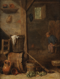 A kitchen interior with a figure seated in the adjoining room by Cornelis Saftleven