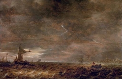 A stormy landscape with a lightning bolt over the Haarlemer Meer by Jan van Goyen