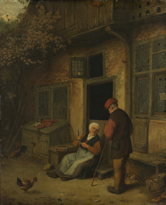 A woman gutting herring in front of her house by Adriaen van Ostade