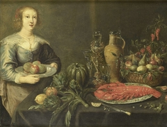 A young woman near a table with fruits by Monogrammist AS schilder