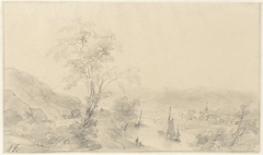 Bergachtige landschap met rivier en dorpje by Andreas Schelfhout