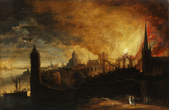 Burning city with Lot and the angel and his daughters by Anonymous