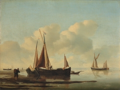 Calm sea with fishing-boats near the coast by Willem van de Velde the Younger