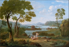 Classical River landscape with figures and goats before a bridge, waterfall and circular temple by Hendrik Frans van Lint