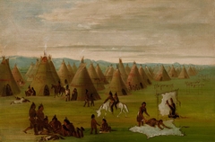 Comanche Village, Women Dressing Robes and Drying Meat by George Catlin