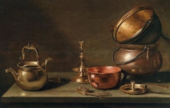 Copper kettles and other objects on a tabletop by Floris van Schooten