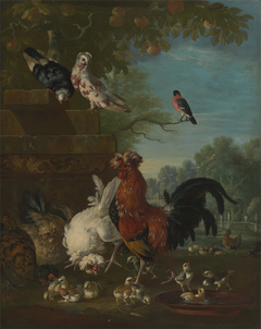 Domestic cock, hens, and chicks in a park by Pieter Casteels II