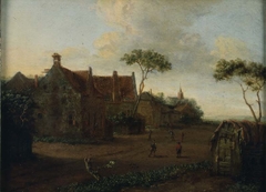 Dorpsgezicht met kaatsende mannen en kerk op de achtergrond by Emanuel Murant