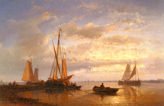 Dutch Fishing Vessels In A Calm At Sunset by Abraham Hulk Senior