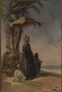 Eastern genre scene under a palm tree by Stanisław Chlebowski