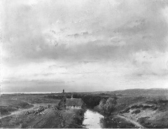 Een duinlandschap met water doorsneden by Andreas Schelfhout