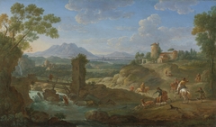 Elegant hunting party in an extensive landscape with mountains beyond by Hendrik Frans van Lint