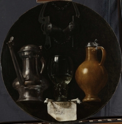 Emblematic Still Life with Flagon, Glass, Jug and Bridle by Johannes Torrentius