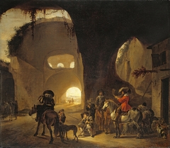 Falcon hunters in front of an inn in a ruin by Jan Miel