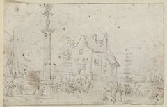 Fontein in de vorm van een zuil voor een huis by Unknown Artist