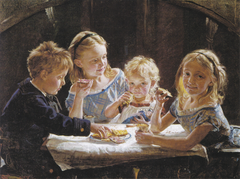 Four children having lunch. by Peder Severin Krøyer